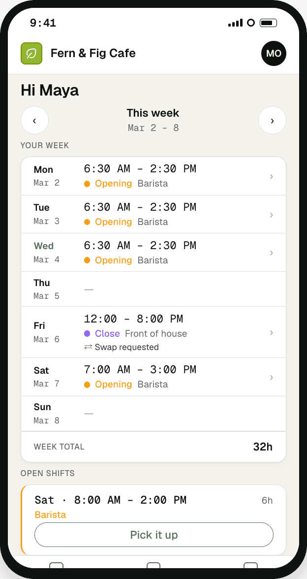 A team member's phone showing their own week of shifts in Thyme.