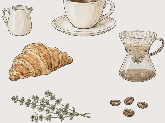 Coffee cups, a croissant, a pour-over, and a milk jug.