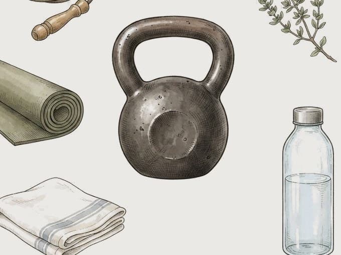 A kettlebell, a jump rope, and a rolled towel.