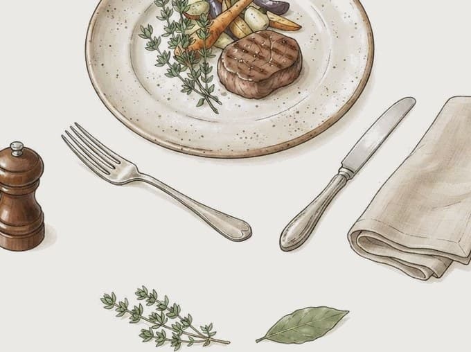 A plated meal with cutlery, drawn in botanical-print style.