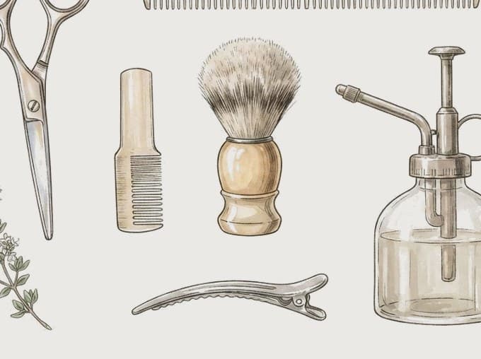 Scissors, a shaving brush, a comb, and a spray bottle.