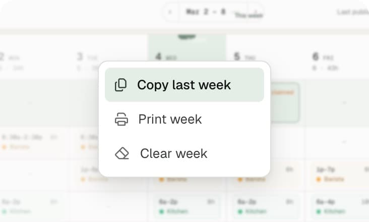 The week menu open on the schedule board, with “Copy last week” highlighted.