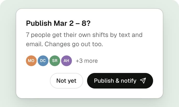 The publish dialog: “Publish Mar 2 – 8?”, the team’s avatars, and a Publish & notify button.