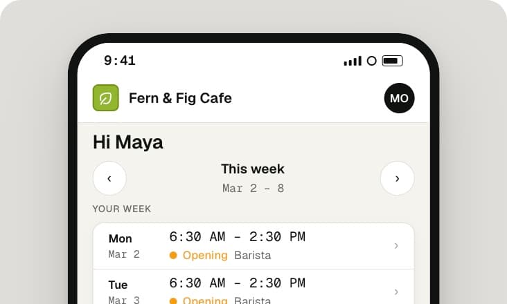 A team member's phone showing their own week of shifts.