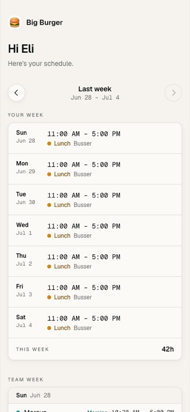 An employee's phone showing their own shifts for the week with total hours.